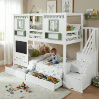 Youjia Etagenbett, Kinderbett, Mit kleinem Lochbrett-Bereich + 5 mitgelieferten Holzhaken, Zwei Schubladen, Mit Treppenaufbewahrungs-Schrank