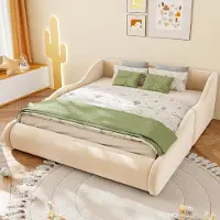 Flieks Kinderbett 140x200cm mit Rausfallschutz, Polsterbett Bodenbett mit Lattenrost & Kopfteil, Gepolstertes Doppelbett Holzbett mit Samtbezug, Beige