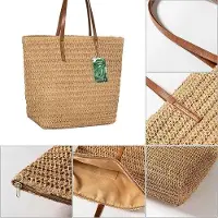 OEM Große gewobene Stroh-Sommer-Tasche mit Ledergriff und Reißverschluss