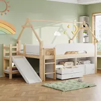 ALFORIGO Kinderhochbett 90 x 200 cm mit Rutsche und Dachrahmen, Sicherheitsgeländer, Schubladen, Fächern und Schiebetürenschränken, Spielbereich