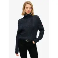 Superdry für Damen. W6110614A Lockerer Zopfmuster-Pullover mit Rollkragen marineblau (L), Lässig, Baumwolle, Langarm
