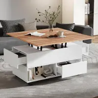 Merax 100x50x52cm Höhenverstellbarer Couchtisch mit 4 Schubladen, Wohnzimmertisch mit LED-Beleuchtung, Beistelltisch mit anhebbarem Tisch, Weiß+Natur