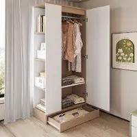 Merax Kleiderschrank Eintüriger Schrank mit Einlegeböden und Schubladen, Garderobenschrank Aufbewahrungsschrank, Schlafzimmerschrank, Natur