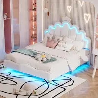 Ulife Krönchen Kinderbett mit LED-Licht, PolyurethanBezug, Prinzessinnen-Design, Flaches Doppelbett, ohne Matratze, weiß, 140 x 200 cm