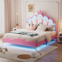 Ulife Krönchen Kinderbett mit LED-Licht, PolyurethanBezug, Prinzessinnen-Design, Flaches Doppelbett, ohne Matratze, Rosa , 140 x 200 cm