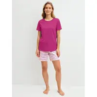 Calida Shorty , Damen, Gr. M (44/46), pink (very berry), Single Jersey, Obermaterial: 100% Baumwolle, bequem kurz, Rundhals, Homewear-Sets Shorty, mit Rundhalsausschnitt, Hose mit Streifen