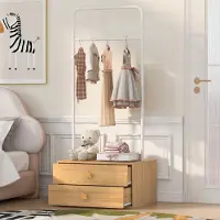 MODFU Kompakter Kleiderschrank 70 × 55 × 168cm,Kinderkleiderständer mit Kleiderstange & 2 Schubladen,Garderobenständer mit Sternengriffen,Natur