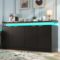 Merax Sideboard Küchenschrank mit 4 Türen, Kommode mit LED-Beleuchtung, Buffet-Schrank mit offene Fächer, Wohnzimmerschrank RGB, MDF, Schwarz