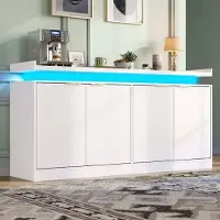 Merax Sideboard Küchenschrank mit 4 Türen, Kommode mit LED-Beleuchtung, Buffet-Schrank mit offene Fächer, Wohnzimmerschrank RGB, MDF, Weiß