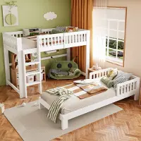 MODFU Kinderbett 90 x 200 mit Lattenrost,flexibel als Etagenbett oder 2 Einzelbetten aufstellbar, Massivholz Hochbett mit Sicherheitsgeländern,ohne Matratze,Weiß