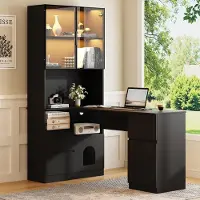 ALFORIGO Eckschreibtisch 120 x 80 x 180 cm, Alu-Glasfront, LED-Licht, mit 3 Schubladen und 2 Türen, Schreibtisch als Bürotisch mit Regal in Schwarz