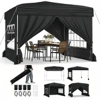 KOMFOTTEU 3x3m Pop-up Pavillon wasserfest, Faltpavillon mit 4 Seitenwänden & 4 Sandsäcken, 3-fach höhenverstellbarer Gartenpavillon mit Rollentasche für Strand, Hochzeit & Camping, Schwarz
