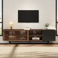 Merax TV-Lowboard 160 cm mit Lamellentüren, TV-Schrank mit Schubladen und offenen Fächern, Fernsehtisch für Wohnzimmer, Walnuss Schwarz