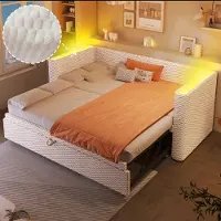 Ropilly Schlafsofa 90x200cm mit Samtbezug in Beige, ausziehbar auf 180x200cm und mit mehrfarbiger LED-Beleuchtung für Schlaf- und Gästezimmer