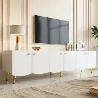 OKWISH TV Schrank Wellentor-Design mit Runder Griff und Metallfüße, Lowboard Sechstüriges Design, Sideboard Für Wohnzimmer,Weiß