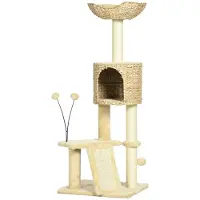 StarTech.com Kratzbaum Katzenbaum - 4 Ebenen - Höhe 116 cm - Höhle & Korb - Plattformen - Plüschbälle - Wasserhyazinthe - Beige
