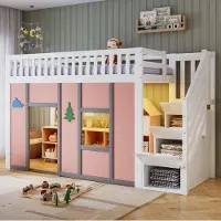OKWISH Halbhochbett aus Massivholz, MDF und LVL, Weiß/Pink, 90x200 cm, gewerblich geeignet, mit Stauraumtreppe, LED und Rausfallschutz