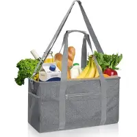 Unyqoos Faltbare Einkaufstasche 42 L (56×25×30 cm) grau, großer Shopper mit Metallrahmen, verstärkter Oxford-Stoff, abnehmbare Schulterriemen, ideal als Picknickkorb