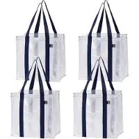 Unyqoos 4er-Set wiederverwendbare Einkaufstaschen, transparent, dickes PP, wasserabweisend, 38×35,5×25,4 cm (40,9 L), stabile Bodenbasis, Vordertasche, 25 kg Tragkraft