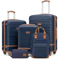 Coolife Koffer-Set 5tlg. Reisekoffer Trolley ABS Hartschale 4 Rollen TSA-Schloss Blau/Braun inkl. Rucksack & Kulturbeutel