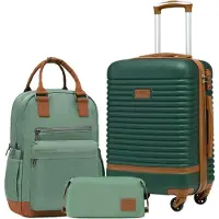 Coolife Koffer Trolley Handgepäck-Set 3tlg Dunkelgrün/Braun ABS Hartschale 4 Rollen TSA-Schloss