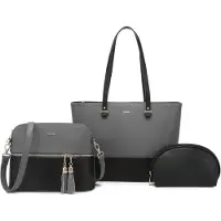LOVEVOOK Shopper Schultertasche Damen Groß 3-teiliges Set Grau-Schwarz Synthetikleder
