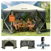 Vevor Pop-Up-Pavillonzelt, Pop-Up-Zelt mit 6-seitigem Baldachin, Sonnenschutz mit 6 abnehmbaren Sichtschutz-Windtüchern und Netzfenstern, 12 x 12 Fuß, Schnellaufbau-Zelt mit Moskitonetz, Armeegrün