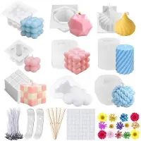 Unyqoos 9‑teiliges DIY‑Kerzen‑Set – 3D Silikonformen (versch. Designs 5,5–8,6 cm), 100 Baumwoll‑Lonten, 2 Metallhalter, 5 Rührstäbchen, 56 Klebepunkte, Trockenblüten