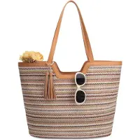 Benza Ibenzoa Strandtasche Damen – mittelgroße Stroh-Tasche 34×15×34 cm, Boho-Design mit Quasten, khaki Baumwollfutter, faltbar, 0,56 kg