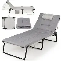 Costway Sonnenliege klappbar, Liegestuhl mit Auflage, Seitentasche, Kopfstütze & verstellbarer Rückenlehne, Gartenliege Gästebett Campingbett Grau