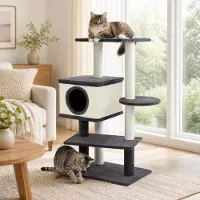 Costway 99cm Kratzbaum, Mehrstöckiger Katzenturm mit Katzhaus, Kratzbrett & Sisalpfosten – Indoor-Aktivitätszentrum, Mehrstöckiger Spielturm, Grau