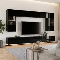 Lomadox Moderne Wohnwand mit Beleuchtung in schwarz Hochglanz CAIRNS-132, B/H/T ca. 300/200/43 cm