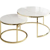 Lookway Runder Couchtisch SELAVI 2in1 Goldchrom / Weiß Marmour