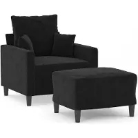 Markenlos Sessel aus schwarzem Velours mit Fußstütze, 60 cm | Sperrholzstruktur, gepolsterte Sitzfläche, zusätzlicher Sitz und modernes Design