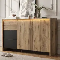 Flieks Sideboard mit 3 Schubladen und 2 Türen, Kommode mit Mehrfarbige LED-Lichteffekte, Schrank für Wohnzimmer, Esszimmer, Flur, Holzfarbe+Schwarz