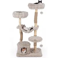Costway Kratzbaum, 147cm Katzenkratzbaum mit Höhle, Hängematte, 3 Plattformen, Kratzsäulen & 2 Plüschbällen, mehrstöckiger Katzenturm aus Massivholz