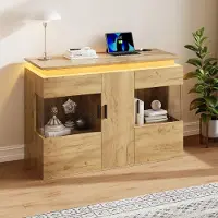 MODFU Sideboard mit Glastüren,Wohnzimmerschrank mit LED-Beleuchtung 16 Farben und Ladestation, Aufbewahrungsschrank mit Stauraum, 120 x 40 x 79,5 cm, Holzoptik