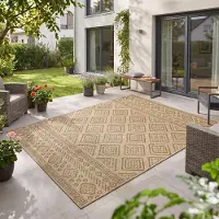 Teppium Carpetsale24 Outdoor Teppich Beige Jute Optik 140x200 cm Balkon Terrasse Garten Wetterfest UV-beständig Mittel Groß Rauten Design Flachgewebe
