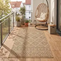 Teppium Carpetsale24 Outdoor Teppich Beige Jute Optik 60x100 cm Balkon Terrasse Garten Wetterfest UV-beständig Klein Rauten Design Flachgewebe