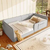 Flieks Kinderbett 90x200cm mit Rausfallschutz, Schlafsofa Tagesbett mit Aufbewahrungstaschen, Bodenbett Holzbett mit Lattenrost, Leinen, Grau