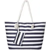 Benza Ibenzoa Extra große Strandtasche mit Reißverschluss – Dunkelblau gestreift, 58×38×18 cm, 100% Polyester außen / 100% Baumwolle innen, inkl. 14×12×1 cm Täschchen