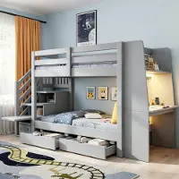 ALFORIGO Hochbett 90 x 200 cm mit Schreibtisch, Bücherregal, Stauraumtreppe, LED, Steckdose und 2 Schubladen, Holz/MDF, Grau