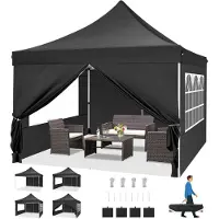 Tooluck Faltpavillon 3x3m Wasserdicht Stabil Winterfest mit 4 Seitenwänden Schwarz