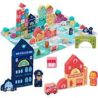 Relaxdays Holzbausteine Stadt, 100 Bauklötze, Puzzlematte, mit Gebäuden, Buchstaben, Zahlen, Bausteine ab 3 Jahren, bunt