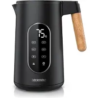 Arendo Wasserkocher Edelstahl 1,7 l, 2200 W, Teekocher mit Temperaturwahl 40 bis 100 °C, 5 Direktwahltasten, Doppelwand, Griff in Holzoptik, LED-Display, BPA-frei, schwarz
