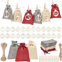 Sonstiges Adventskalender zum Befüllen Kinder, 24 Säckchen 14 x 10 cm, Jute, Rot-Gelb-Grau, mit Holz-Zahlenetiketten und Hanfseil