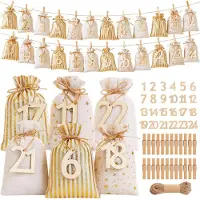 Sonstiges Adventskalender zum Befüllen 24 Stoffbeutel mit Zahlen DIY Gold Beige Gelb 15x10cm