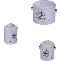 Relaxdays Kartoffel Aufbewahrungsbox, Zwiebeln, Knoblauch, 3er Set, mit Deckel & Löchern, Metall, Zwiebeltopf, grau