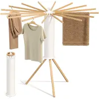 Songmics Wäscheständer klappbar, Ständer ausziehbar, platzsparend, drehbar, Balkon Waschküche, Holzarme, naturfarben
