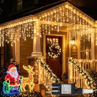 Rosikey Eisregen Lichterkette Warmweiß 15M Eiszapfen Led Lichterketten 8 Modi Timer und Speicherfunktionen Fenster Dachrinne Balkon Garten Weihnachten Deko